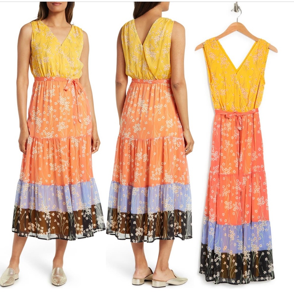 DR2 by Daniel Rainn Boho Floral Tiered Maxi Dress V-Neck Multicolored Medium NEW